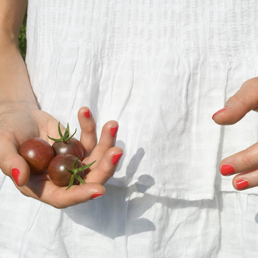 A close up of a person with red nail polish holding cherry tomatoes in front of their white clothing.