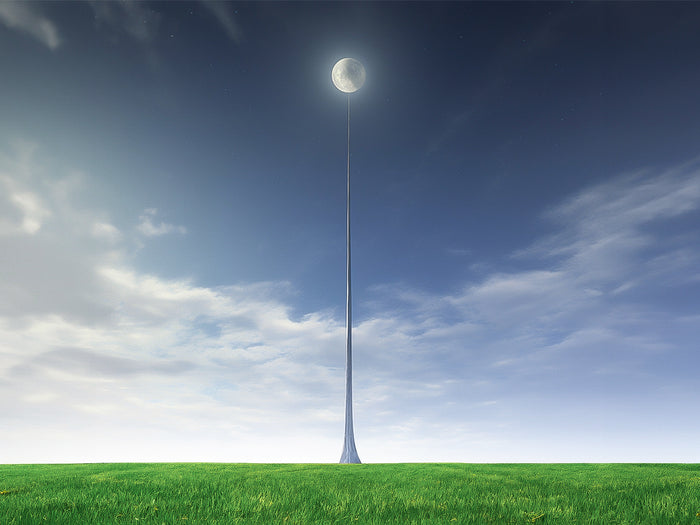 grass field horizon with sky and tall structure pointing endlessly toward the moon