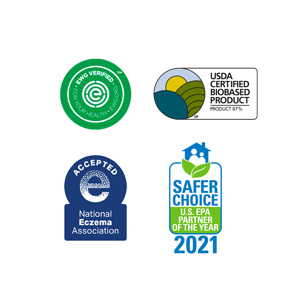 4 stacked certifications including EWG Verified, EPA Safer Choice Partner of the year 2021, Accepted by the National Eczema Association, and USDA Biobased