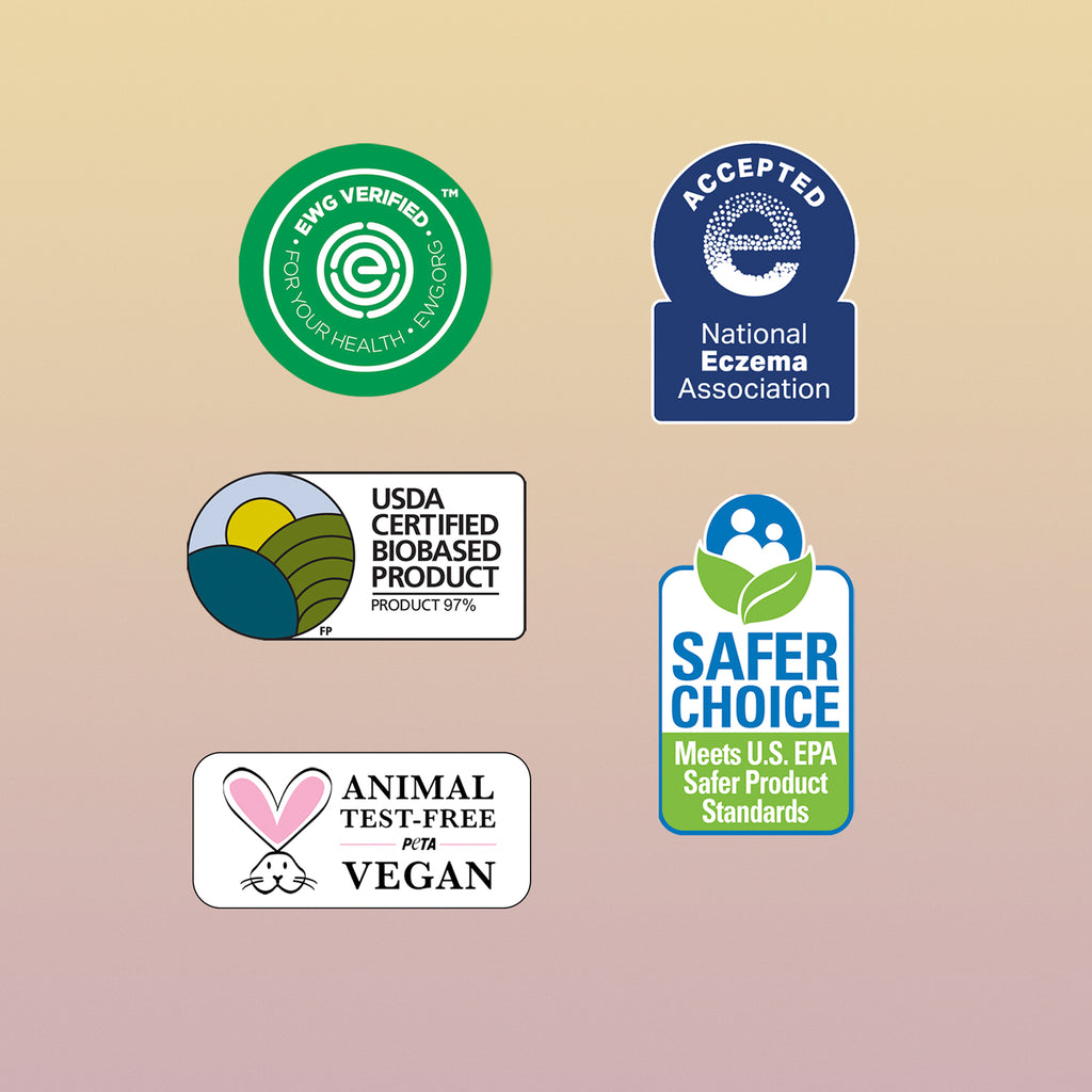 5 certification badges on an orange and pink gradient background: EWG Verified, NEA Accepted, USDA Certified, EPA Safer Choice, PETA Vegan.
