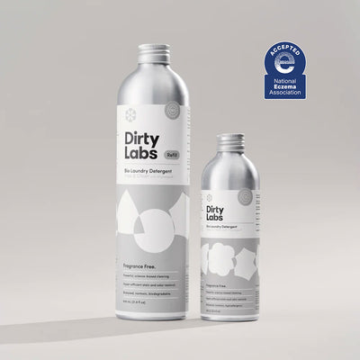 Two Dirty Labs bottles 80 loads and 32 loads with National Eczema Association badge