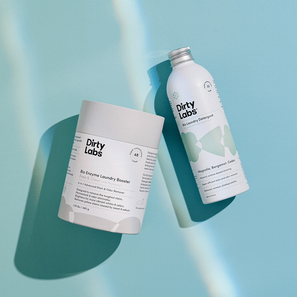 animated GIF of Free and Clear Laundry Booster container and 32 load liquid laundry detergent bottle against blue back ground with sunshine flickering over them