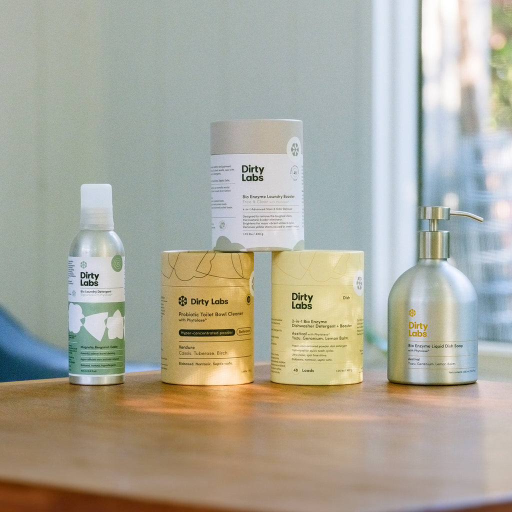 Five Dirty Labs cleaning products, including liquid detergent, powders, and a pump dispenser, arranged on a wooden table in a sunlit room with a blue couch and window in the background.