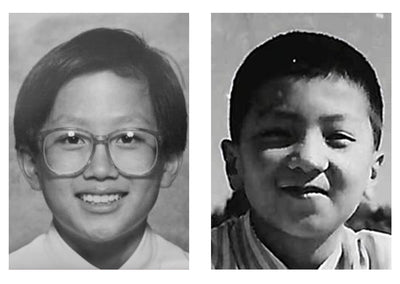 two black and white photos of Dirty Labs Co-Founder David with glass as a child and Dirty Labs Co-Founder Pete with short hair as a child