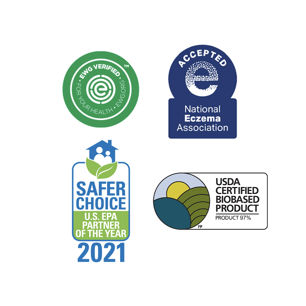 Four certification badges including EWG Verified, National Eczema Association, EPA Safer Choice Partner of the year 2021, and USDA Certified Biobased.