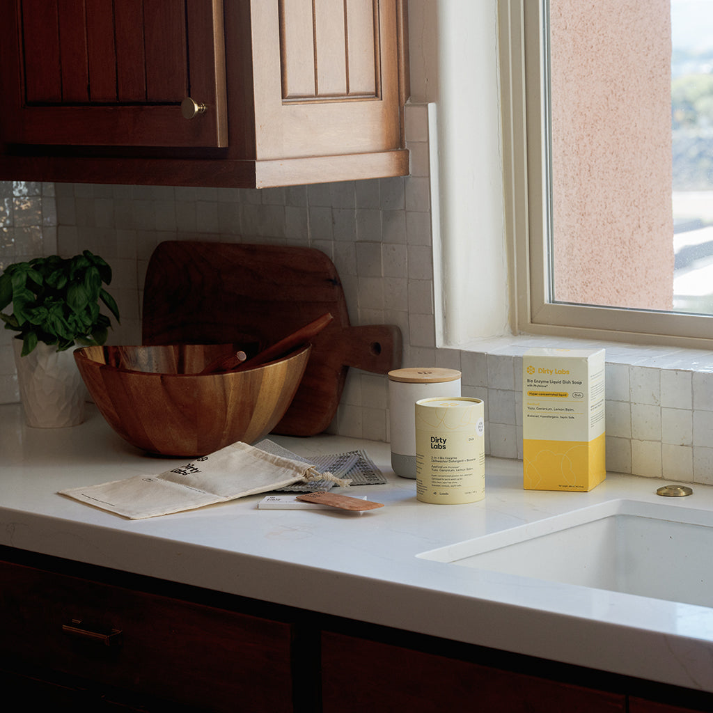Kitchen counter with Dirty Labs dish products and a window in the background