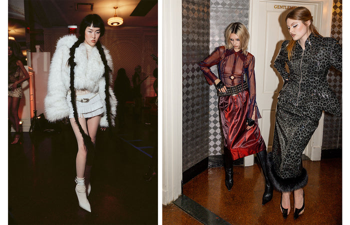 Two photos. Left photo is a fashion model wearing white fur coat and white skirt posing in dark hotel room. Right photo is of two fashion models in hotel hallway to the left a women in a red dress with punk rock metal belt and black boots and to the right a woman in black cheetah print dress and heals. 