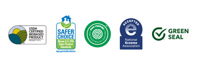 5 badges USDA Biobased Product, EPA Safer Choice, EWG Verified, National Eczema Association and Green Seal.